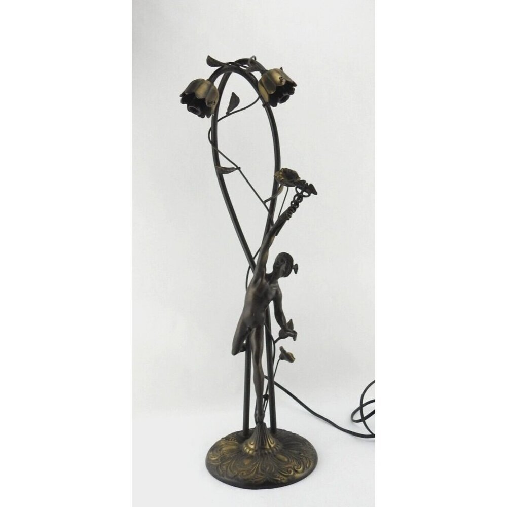 Bronze Figural Mercury Statue Lamp 23" T Floral Medical Staff - Picture 1 of 16